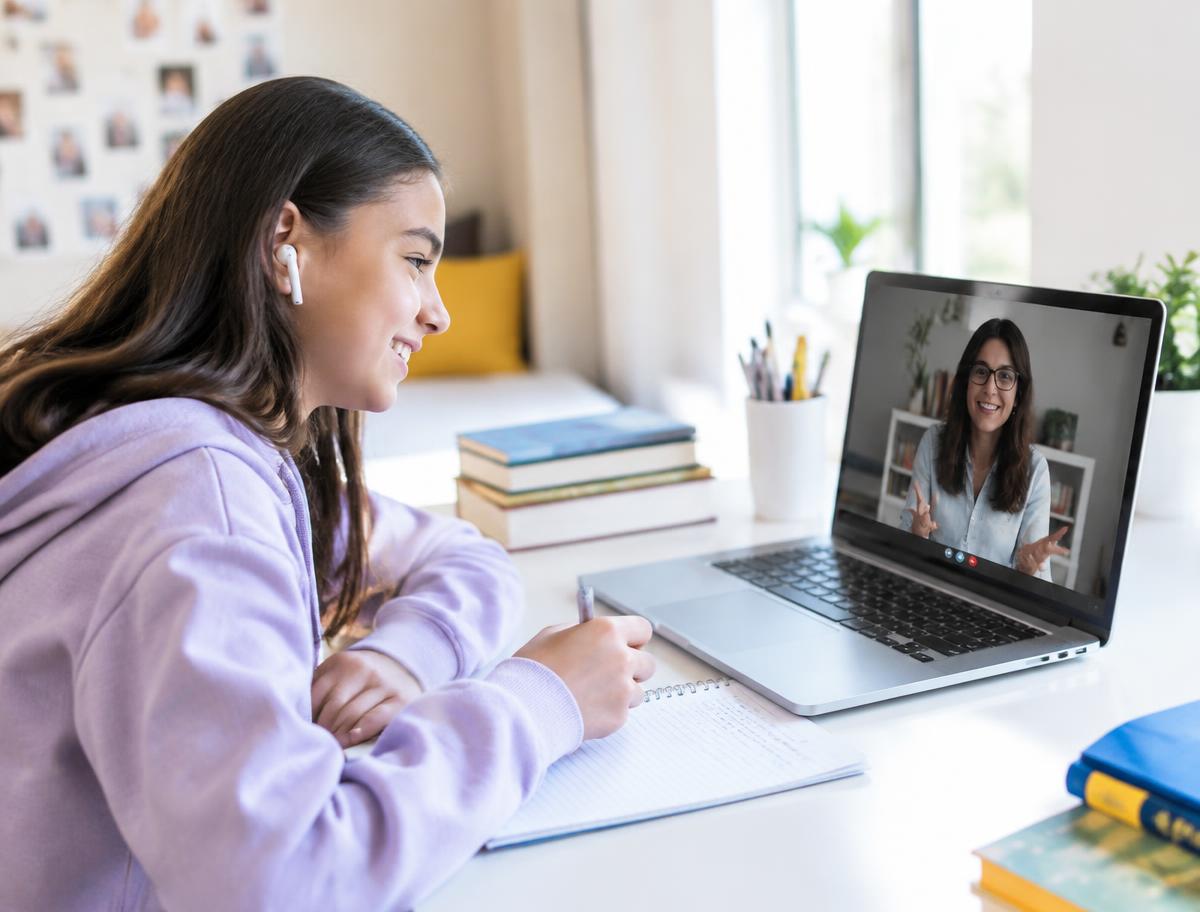 A student in a friendly online tutoring session with her tutor